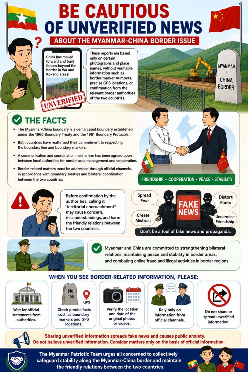 SithuAung285162's tweet image. Be cautious of unverified news on the Myanmar–China border.
Spreading fake news can create misunderstanding and harm bilateral relations. Rely on official sources. Verify before you share.Peace, stability, and cooperation matter. 🇲🇲🤝🇨🇳#Myanmar #China #FakeNews #VerifyBeforeShare