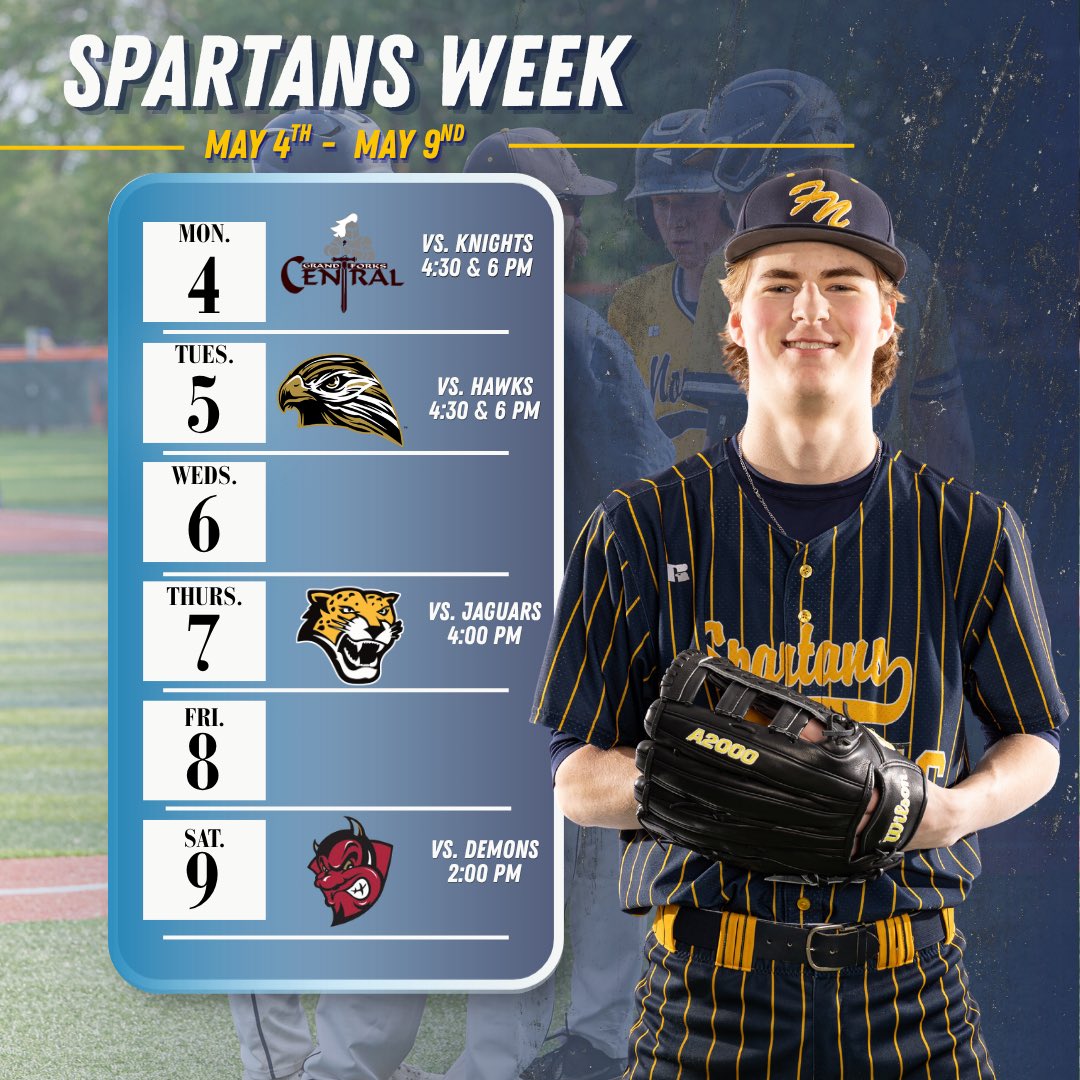 FNHbaseball's tweet photo. Spartans Week: May 4th - 9th

Mon. | AT GF Central | 4:30 &amp; 6:30 PM
Tues. | vs. WF Horace | 4:30 &amp; 6:30 PM
Thurs. | AT Northern Cass | 4:00 PM
Sat. | vs. Bismarck High | 2:00 PM

#OnwardNorth https://t.co/EWid8rpfZt