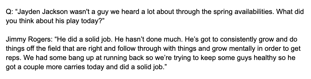 Ben_Hutchens_'s tweet photo. The full exchange with Jimmy Rogers on RB Jayden Jackson after the spring showcase: https://t.co/skG0W4Ex1a