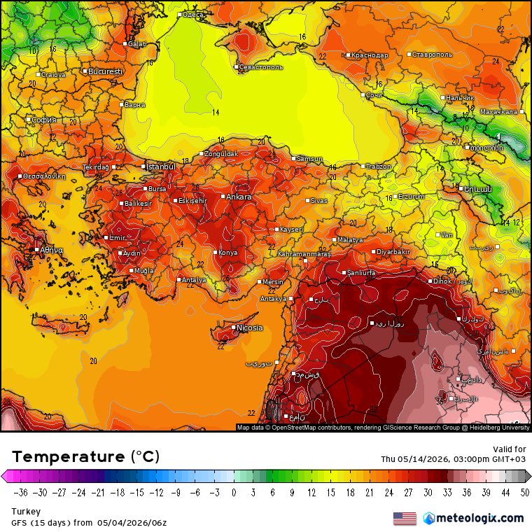 Weather_tr's tweet photo. Mayıs Ayının ikinci yarısında ülkemize mevsimine göre sıcak bir hava dalgası gelebilir, bu şekilde gelmesi halinde İstanbul 28°C - 30°C civarına İzmir hattı 30°C - 36°C çıkabilir, ancak durum henüz net değil, gelişmeleri takip etmeye devam ediyoruz ! ☀️ https://t.co/UY6qiQaFsL
