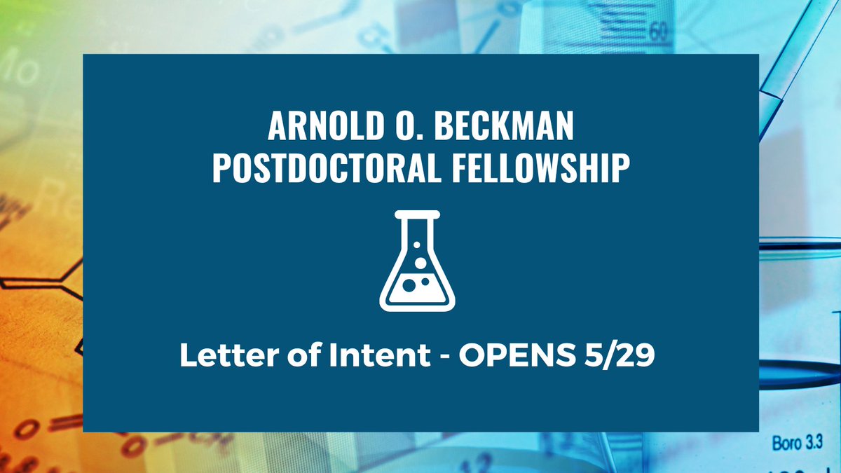 BeckmanFnd's tweet image. The Letter of Intent for the #AOBPostdoc program opens on May 29. Choose chemical sciences or chemical instrumentation track. For a program overview and instructions on how to apply, visit: ow.ly/y6Sw50YUB7b 
#beckman #postdoc #research #grant #LOI