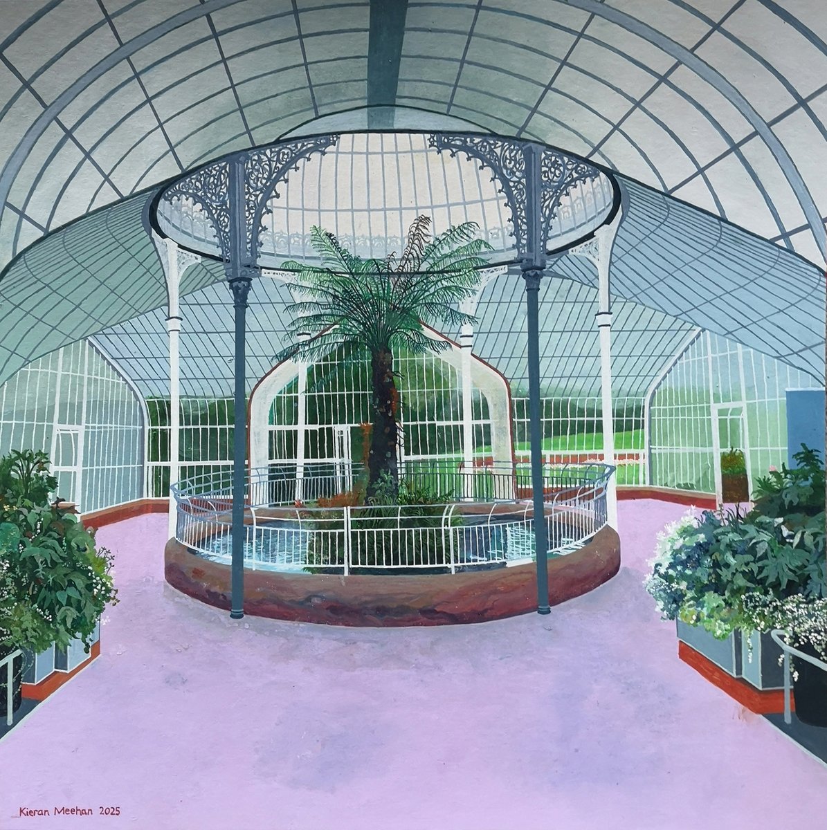 nowtsodaft's tweet image. I thought the most complex painting I would ever produce was 'Kibble Palace Fish Pond' in 2025 until I began work on 'University Cloisters' 22x15" wide. Acrylic on paper. 2026. #art #painting