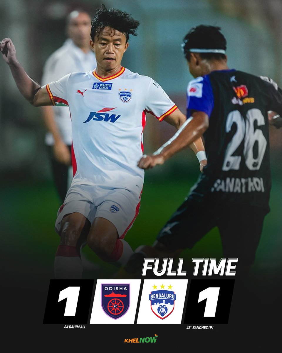 KhelNow's tweet photo. Full time!!
Odisha FC 1-1 Bengaluru FC
Struggling Odisha FC side shock Bengaluru FC to get a crucial point out of the match with a 1-1 scoreline. 🔥 ⚽
#ISL #IndianSuperLeague #IndianFootball #OFCBFC https://t.co/PM1LaemAlV