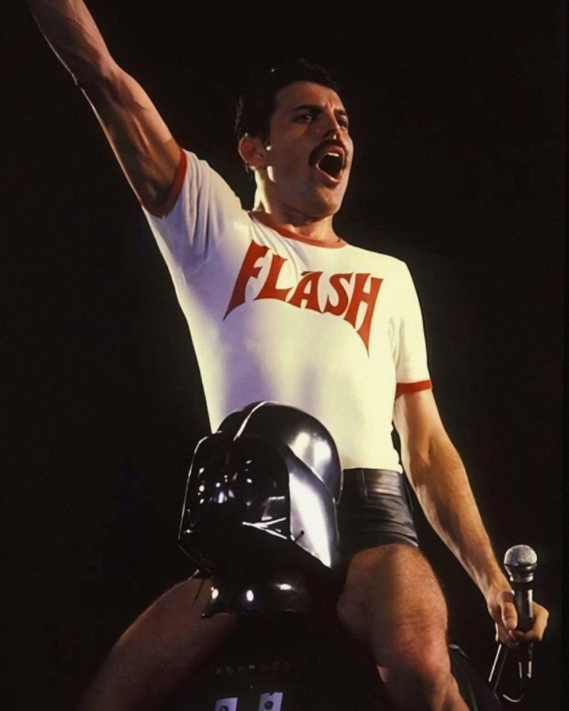 freddie mercury riding on darth vader's shoulders, 1980