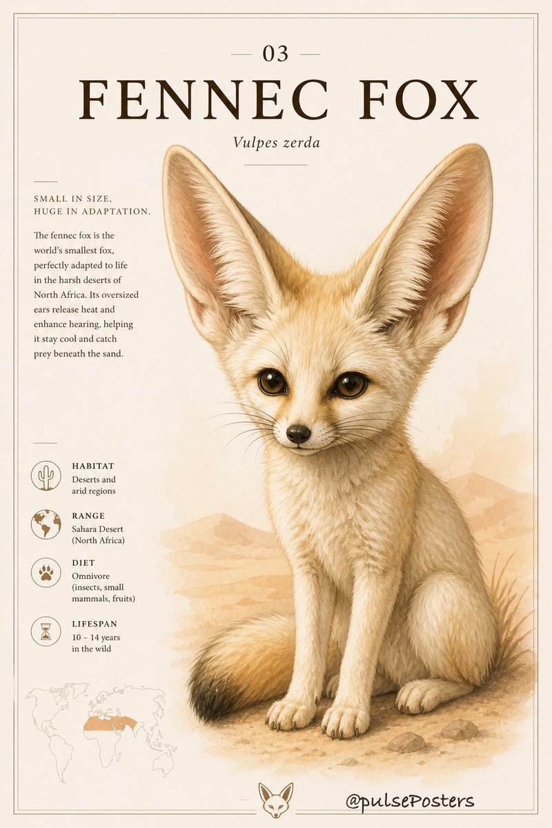 pulseposters's tweet photo. ๐ฆ#Fox
The #fennecFox is built for extremesโwhere heat dominates and water is scarce. Its oversized ears arenโt just striking; they dissipate heat and detect the faintest movement beneath the sand.
๐๏ธ
#foxLover #foxPoster #foxLife #pulsePosters https://t.co/hfHcEIY7Gj