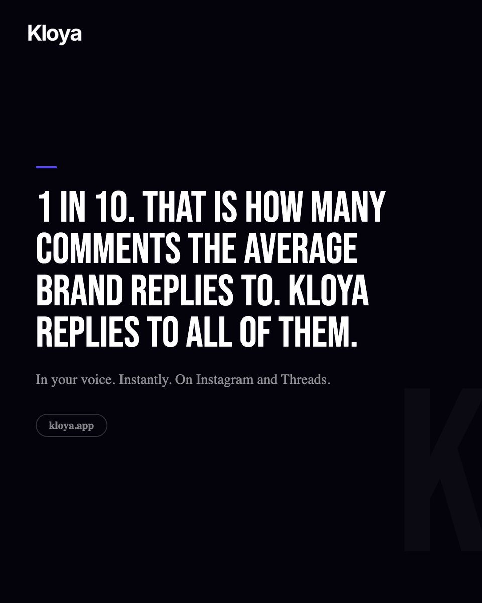 KloyaApp's tweet photo. Your brand voice should not depend on who is available to reply.

Kloya handles every DM and comment in your configured voice, using your product knowledge and tone. Consistently. 24/7.
#Kloya #BrandMarketing #DMAutomation #InstagramMarketing #ContentCreator https://t.co/hPXNjUp5UG
