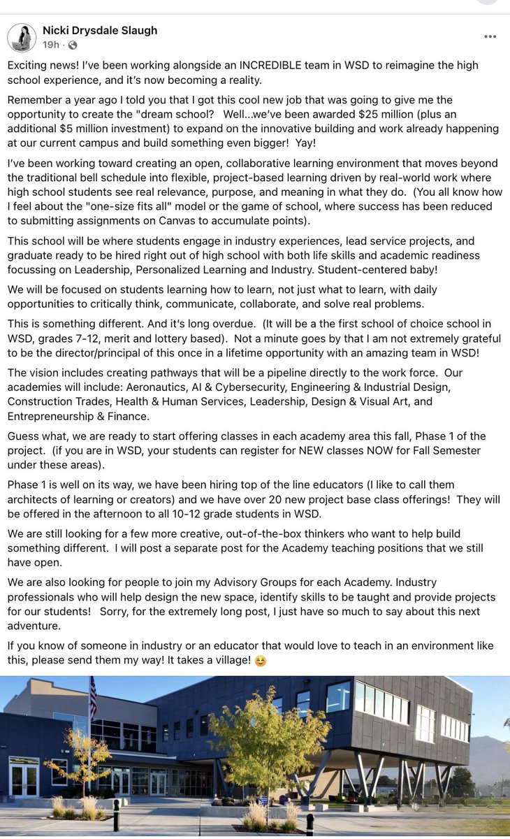 mschultz_12's tweet photo. Two years ago this month, I visited the Davis School District Catalyst Center for the first time and left completely blown away.

Since then, I've sponsored legislation with the help of @CandicePierucci to bring those same opportunities to students across Utah. And it's working. Under the direction of Superintendent Gina Butters, Dr. Rod Belnap, and Principal @nickiatquest, Weber School District is now building something that will be the envy of the nation. 

Stay tuned for more. If you live in the Weber School District, I'd seriously encourage you to look into this for your kids. This is the kind of opportunity you don't want to miss.👇

https://t.co/4G1YhoRVui