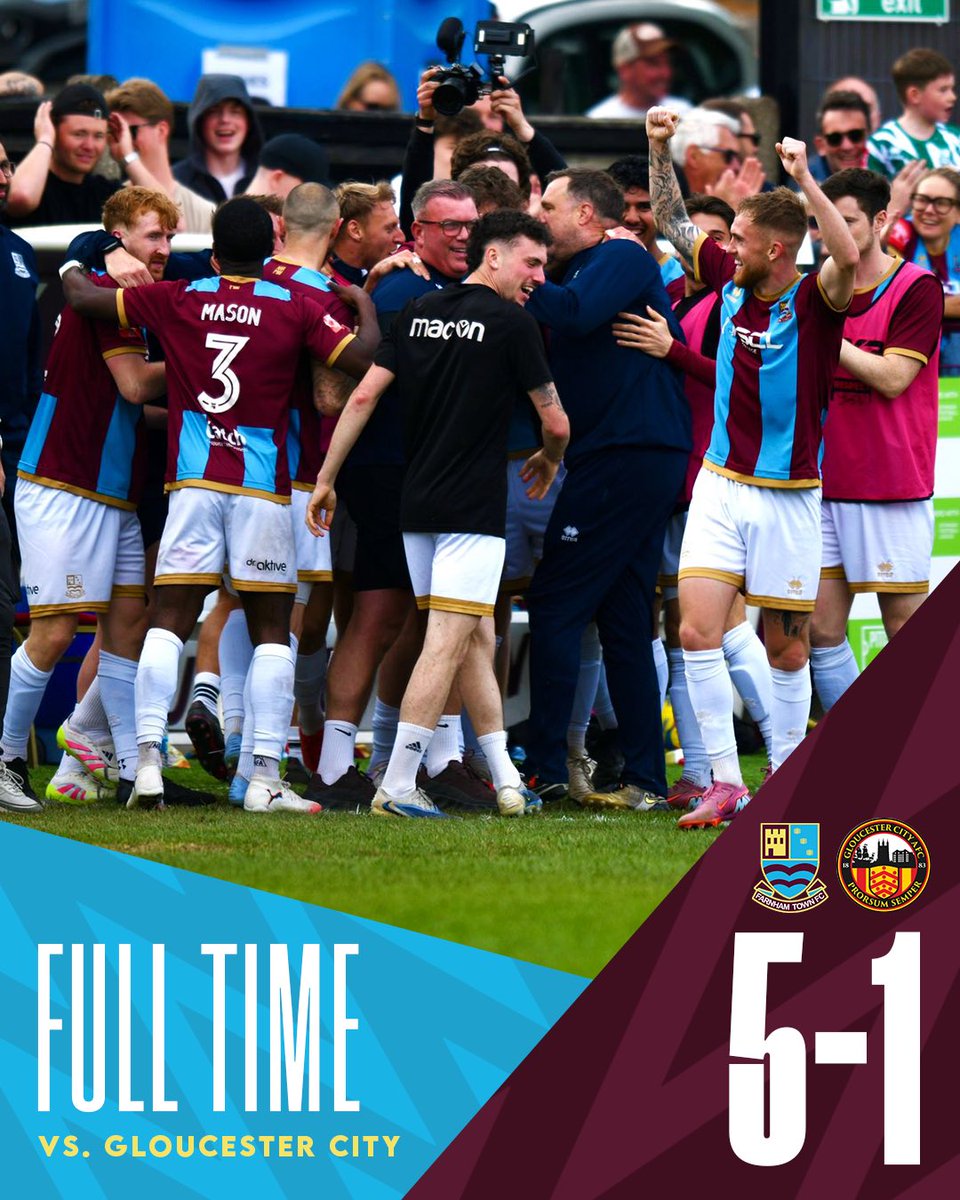 ⏱️ FT | <a href="/FarnhamTownFC/">Farnham Town FC</a> 5-1 <a href="/GCAFCofficial/">Gloucester City AFC</a> 

FARNHAM TOWN ARE PROMOTED TO THE NATIONAL LEAGUE SOUTH!🥳🍾

🏆 <a href="/SouthernLeague1/">The Pitching In Southern Football League</a> | #UpTheTown