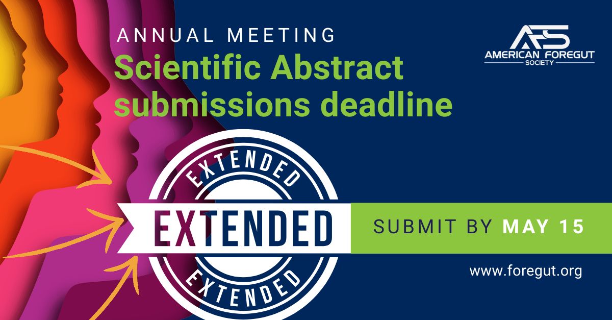 ForegutSociety's tweet image. Good news - the deadline to submit an abstract for the 2026 AFS Annual Meeting has been extended! 

Submit your abstract by May 15 here: zurl.co/5tiaZ

#AFS2026 #AFS #foregut #foregutcare