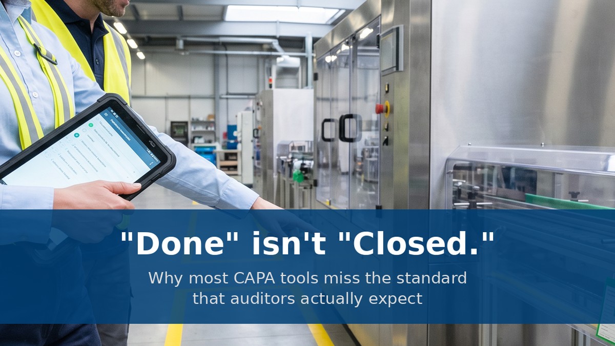 certaintysoft's tweet photo. "Done" ≠ "Closed."

Most CAPA tools record completion. Few prove the fix actually held. ISO 9001, ISO 45001, FDA 21 CFR 820.100 all require effectiveness — not just status. What verified closure actually means: https://t.co/aZmvxY2d9R

#CAPA #QualityManagement https://t.co/2tEwRpcuJ0