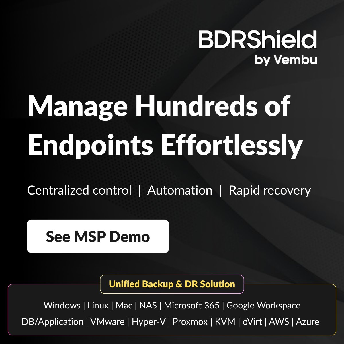 vembutech's tweet photo. Simplify endpoint backup across locations using a single dashboard with automated policies, fast restores, and flexible deployment options.
Learn more: https://t.co/2TlaEnqzpA
#BDRShield #EndpointBackup #RansomwareProtection #CyberResilience
#ImmutableBackup https://t.co/u357kaLUcO