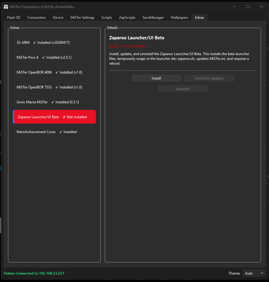 MiSTer Companion v3.9.0 is out!

Adds Zaparoo Launcher/UI Beta to Extras, plus Syncthing and RA Viewer to Scripts. 

Note: no stable Intel macOS build yet due to a startup bug, use the pre-release build for now.

github.com/Anime0t4ku/mis…