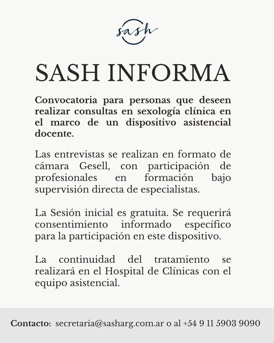 SASH_ARG's tweet photo. SASH informa:
Convocatoria para personas que deseen realizar consultas en sexología clínica en el marco de un dispositivo asistencial docente.

Contacto: secretaria@sasharg.com.ar o al +54 9 11 5903 9090

Sociedad Argentina de Sexualidad Humana. https://t.co/NEAMF44gHQ