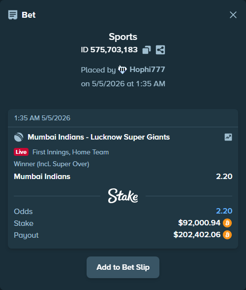 stakehighroller's tweet image. Big play on Mumbai Indians - Lucknow Super Giants: $80,630 → $177,385 if it cashes.

Fade or tail: stake.com/sports/home?ii…

#OneFamily #IPL #BetX
