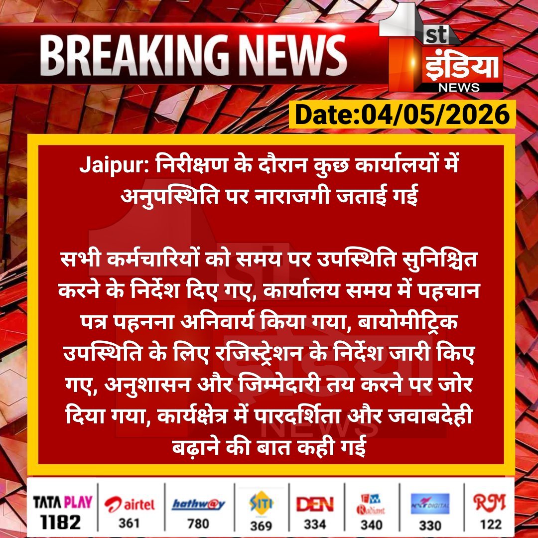 1stIndiaNews's tweet image. #Jaipur: निरीक्षण के दौरान कुछ कार्यालयों में अनुपस्थिति पर नाराजगी जताई गई

सभी कर्मचारियों को समय पर उपस्थिति सुनिश्चित करने के निर्देश दिए गए, कार्यालय समय में पहचान पत्र पहनना अनिवार्य.... 

#RajasthanWithFirstIndia #JaipurNews @RajGovOfficial @Nirmaltiwaribki