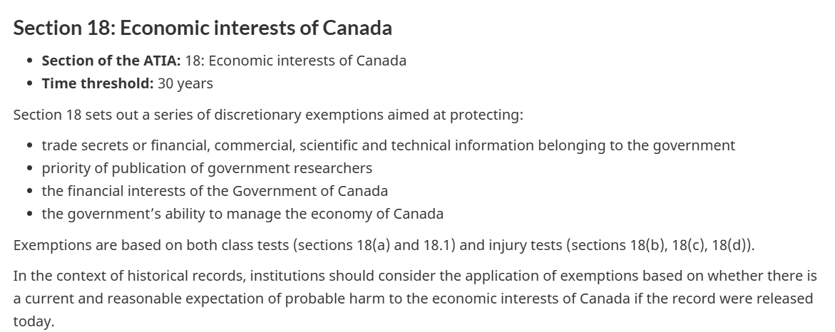 Natters206's tweet photo. @FrankFrank97599 @bradcsmith The 30 yr statement comes from the Access to Information Act, specifically section 18 - Economic Interests of Canada. Easy Google search to see what she was referring to. https://t.co/yhIQ7z1MFR