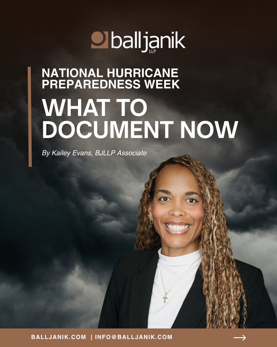 balljanik's tweet image. Documentation gaps can derail claims and recovery. Kailey Evans shares what FL owners/associations should document now + how to back up records before/after a storm: balljanik.com/national-hurri…

#ConstructionDefectLaw #HurricanePreparedness #InsuranceClaims #BallJanik