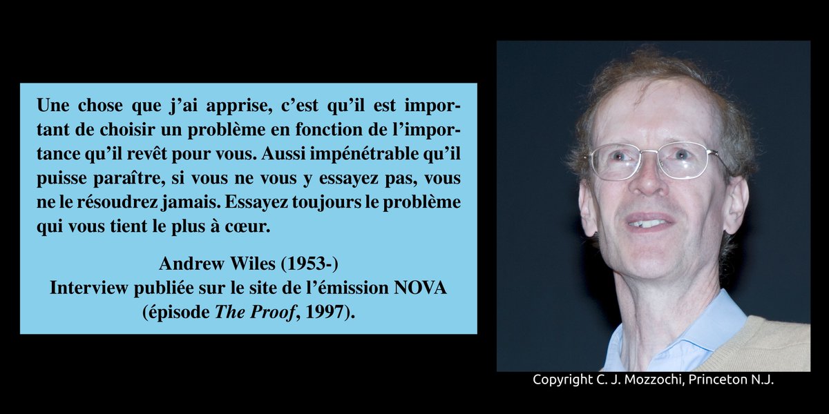 paysmaths's tweet image. "Une chose que j'ai apprise, c'est qu'il est important de choisir un problème en fonction de l'importance qu'il revêt pour vous. Aussi impénétrable qu'il puisse paraître [...]" – Andrew Wiles (1953-)
#citation #mathématiques #maths #math