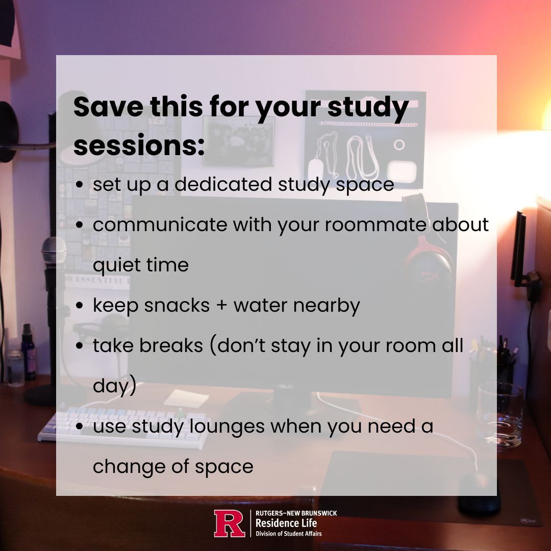rutgersreslife's tweet photo. The last day of classes means finals season is here, and your room can be your secret weapon! From setting up your space to taking care of yourself, these tips can help you finish the semester strong. Good luck, Scarlet Knights! 📚 

#RUonCampus https://t.co/VbvnvaHeOW