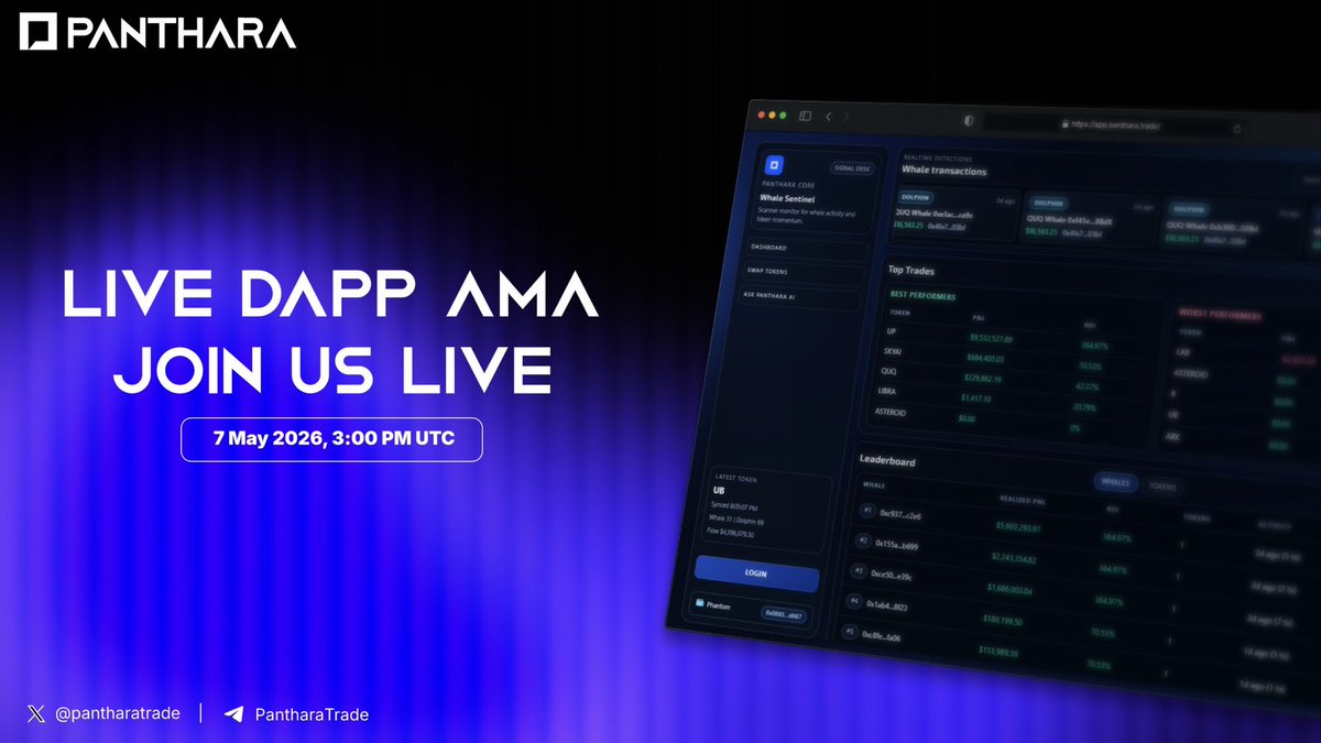 panthara_'s tweet photo. 📢 AMA Session + dApp Launch Announcement

We’re pleased to announce that the Panthara AMA Session will take place alongside the dApp launch on 7 May at 3:00 PM UTC.

This session will be a good opportunity for the community to hear more about the current build, the logic behind the dApp structure, and how Panthara is approaching market visibility through a more organized product layer. We’ll also be discussing the release flow, the purpose of the platform, and the next steps after launch.

The dApp is designed to bring more clarity to the project by consolidating key information in one place and making it easier for users to understand the structure behind the activity. During the AMA, we’ll also touch on how the system works at a higher level and what the community can expect as we continue moving forward.

More details will follow soon.

Mark the date and time: 7 May, 3:00 PM UTC.

$PATH #DeFi #Screneer #AI