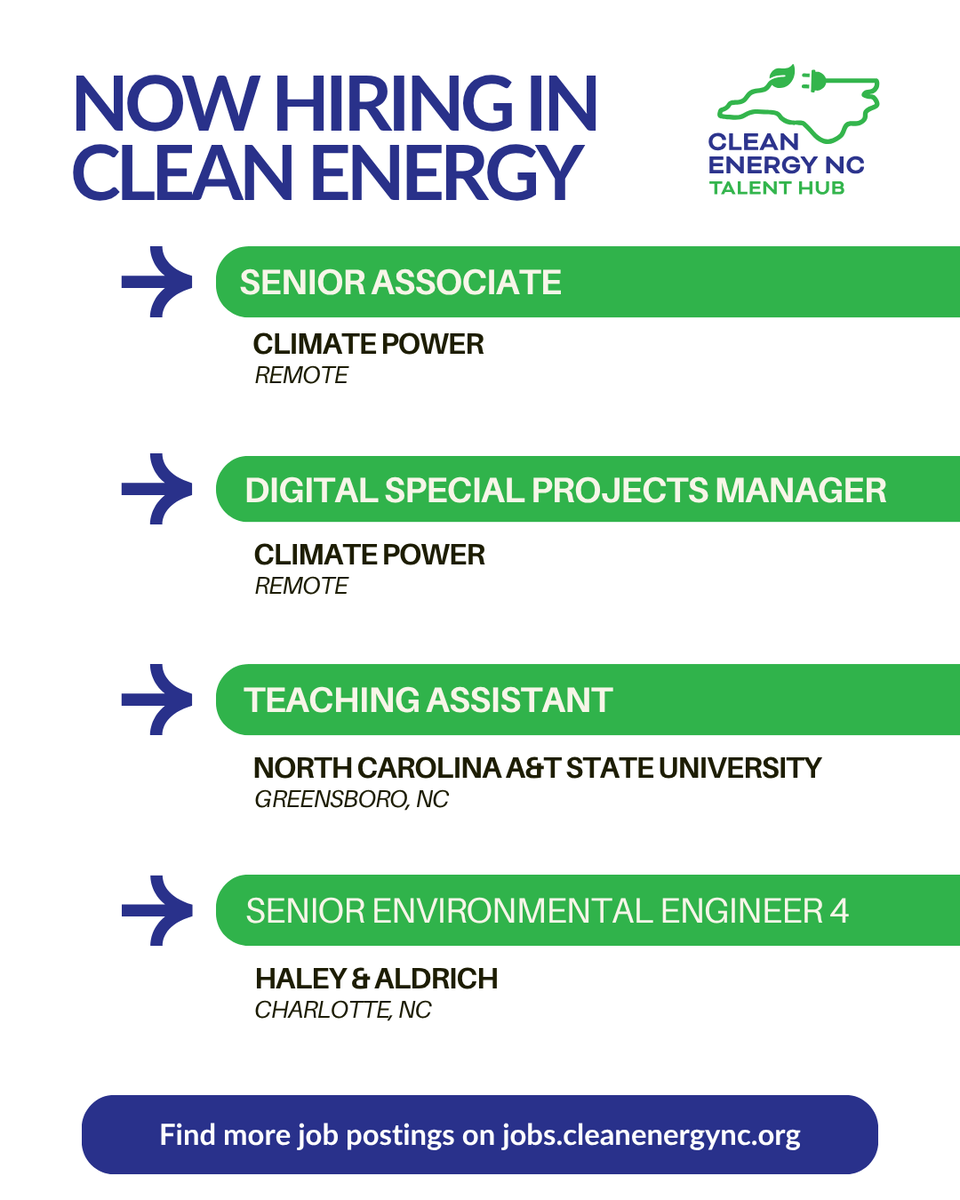 CleanEnergy_NC's tweet photo. Explore this month's featured jobs as well other current job openings on the Clean Energy NC Talent Hub!  Launch your career in the clean energy sector today! Find more postings at https://t.co/oBFeM82rRD. https://t.co/TOzgrHunaf