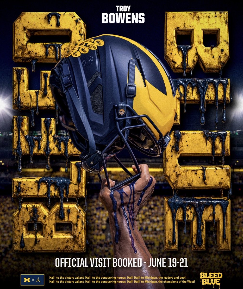 TroyBowens0's tweet image. Locked in for my Official Visit to Michigan June 19-21! Grateful to the staff for the opportunity and excited to experience everything Michigan has to offer. @UMichFootball  @UMFBCoachWhitt @CoachJayHill @CoachPowell99 @BrandonHuffman @GregBiggins #GoBlue #BleedBlue