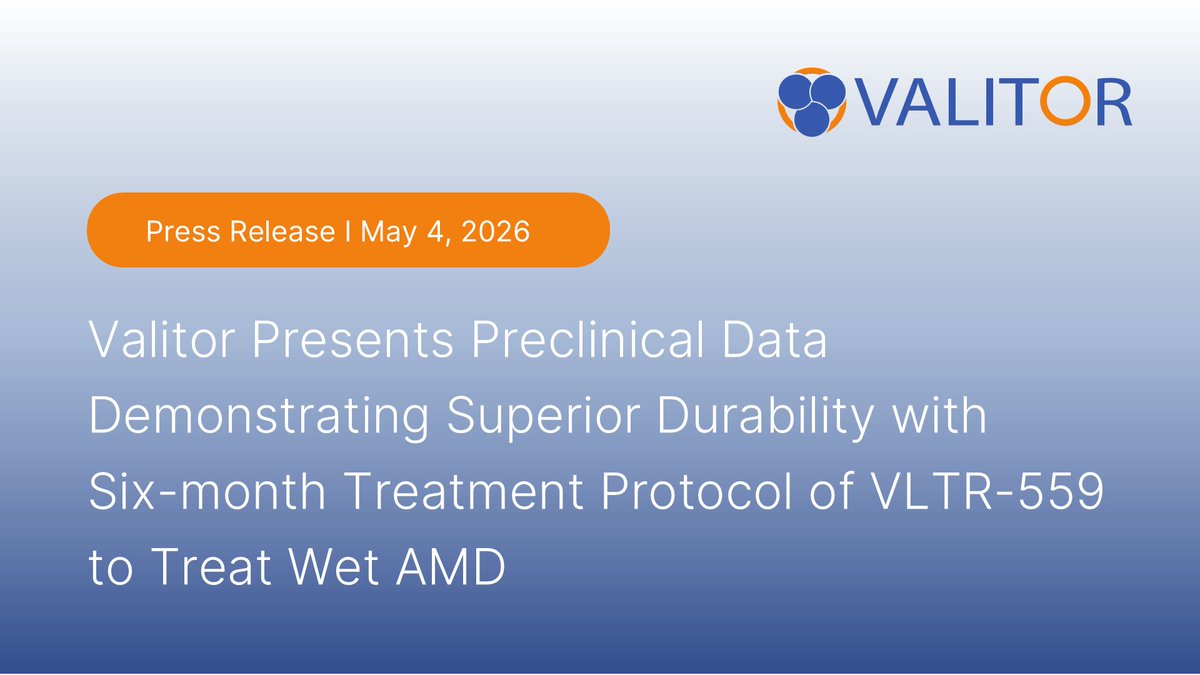 valitorbio's tweet photo. We presented preclinical data demonstrating the superior durability, efficacy &amp; safety profile of VLTR-559 to treat wet-AMD at #ARVO2026. Data reinforces the potential of VLTR-559 to transform the treatment landscape &amp; reduce treatment burden for patients.
https://t.co/9IE7jALRSt https://t.co/i1M6aHe728