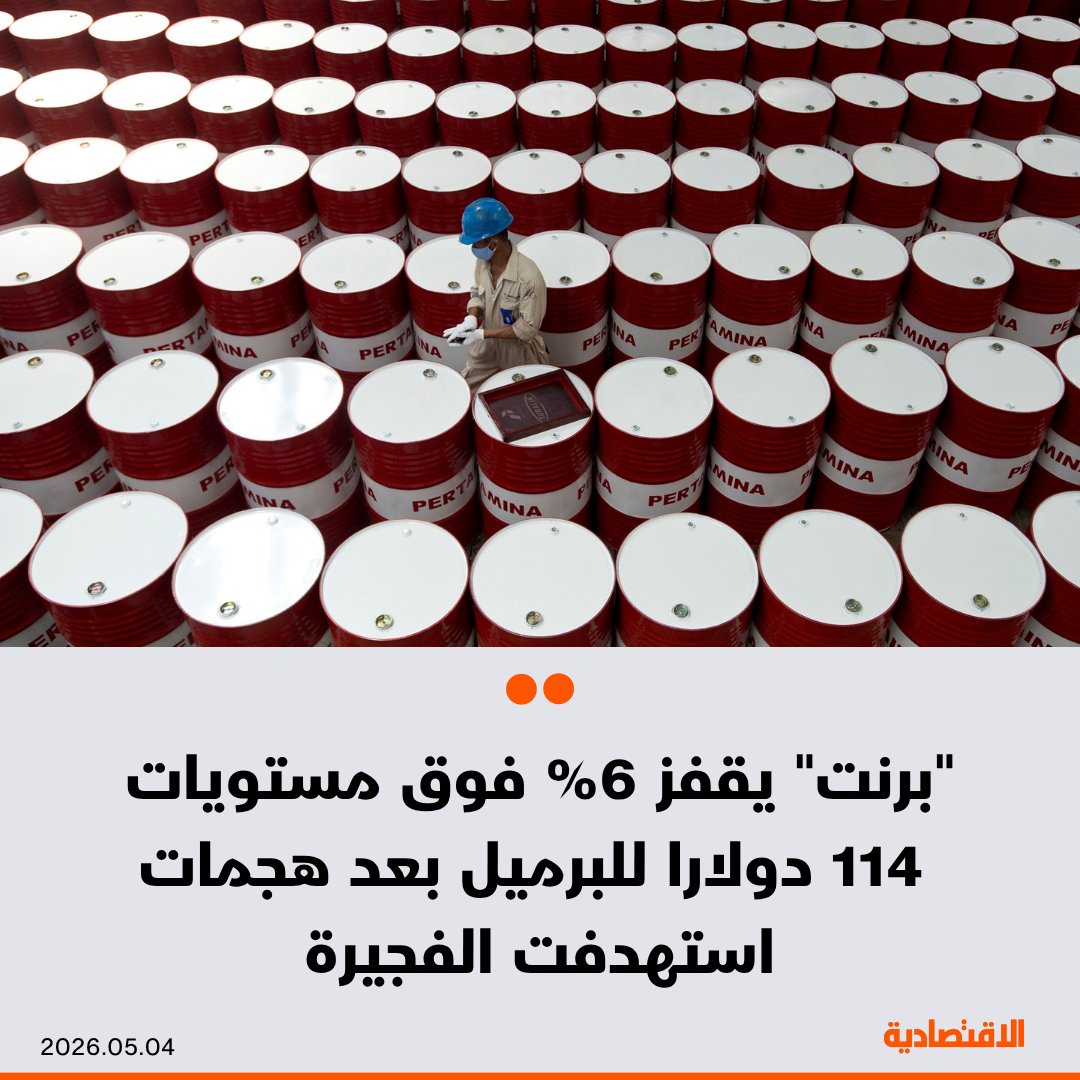 aleqtisadiah's tweet photo. #عاجل |

خام برنت يقفز 6% فوق مستويات 114 دولاراً للبرميل بعد إعلان الإمارات عن هجمات إيرانية تستهدف الفجيرة

- الخام الأمريكي يرتفع 3.5% إلى 105 دولارات للبرميل https://t.co/yM811u3Vn7