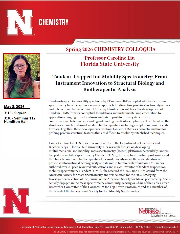 unlchemistry's tweet photo. This week, May 8th, we have our final seminar talk of the Spring 2026 semester. We have Professor Caroline Liu from Florida State University joining us as our speaker. Seminar begins at 3:30pm in room 112 Hamilton Hall https://t.co/XWC9jiiw3o
