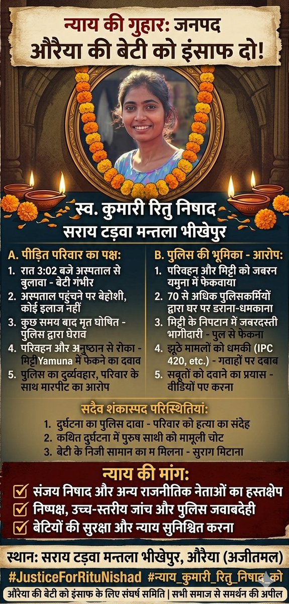 sanjaykumar_ni's tweet photo. न्याय की गुहार: जनपद औरैया की बेटी को इंसाफ दो!पुलिस की मनमानी: परिवार को धमकाना, सबूत नष्ट करना (मोबाइल गायब होना) और FIR दर्ज न करना। @Uppolice @dgpup ​#JusticeForRituNishad
#JusticeForAuraiyaDaughter
#न्याय_ऋतु_निषाद_को https://t.co/OVQb1xUFxb