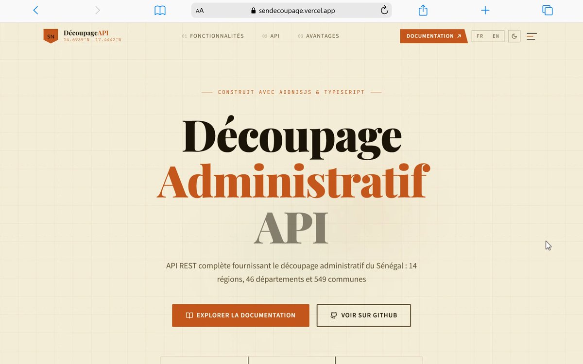 sibyog13's tweet photo. Sen Decoupage Administratif API 🇸🇳
API REST géospatiale du Sénégal construite avec AdonisJS v5 (TypeScript), PostgreSQL + PostGIS et les données de population du recensement ANSD 2023.

Fournit le découpage administratif complet (régions, départements, communes, localités), les polygones MultiPolygon de chaque entité, et des endpoints GeoJSON prêts pour Leaflet, Mapbox, OpenLayers ou D3.js.
https://t.co/GxshO0CZeU
https://t.co/2tqiUSc1s9