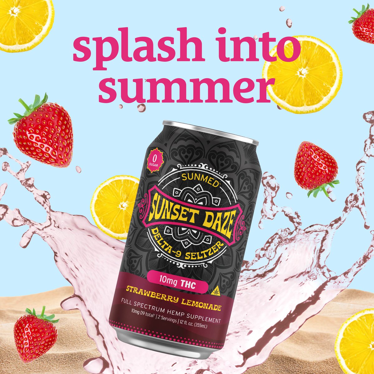 getsunmed's tweet photo. Splash into summer with a sip that hits different 🍓🍋

Meet SUNMED Sunset Daze Delta-9 Seltzer—your new go-to for chill, sunny vibes.
✨ Strawberry lemonade flavor
✨ 0 sugar
✨ 10mg THC per can

Light, refreshing, and perfectly balanced for beach days, backyard hangs, and everything in between.

Crack one open and let the good times flow. 🌊

#SplashIntoSummer #SunsetDaze #THCSeltzer #SummerVibes #DrinkDifferent