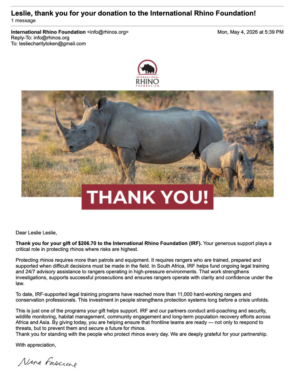 LeslieToken's tweet photo. 📢 Leslie Weekly Update 📢

🚨89 consecutive weeks of donations!❤️🦏

✅$617 donated to Rhino Conservation ($12.5k / 4.7 ETH total) 🙏 @HelpingRhinos @RhinosIRF 
✅$27 of DONOR reserve unlocked 💰
✅$340 of HOLDER reserve rolled over 💰
✅$2 given to the Community Wallet ($27k total market value)🪙
✅$2 accrued for $LESLIE tokens burn (tot burned 17,728,058 $LESLIE, 0.18%) 🔥

Join the $LESLIE ecosystem, together, we’re making real impact! 🌍🔗 https://t.co/gpMKWARRQD

@savetherhino @RhinosIRF @SheldrickTrust @HelpingRhinos