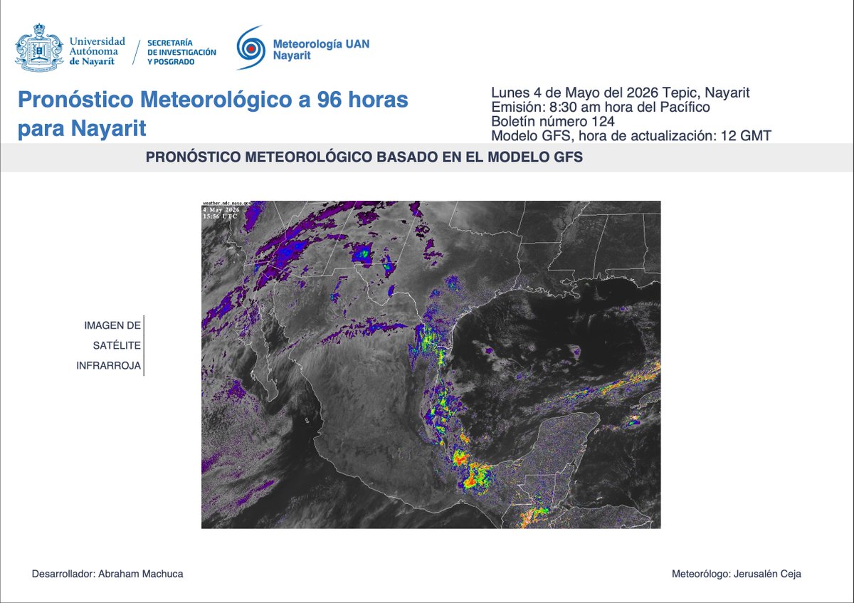 CMN_UAN's tweet image. #Pronóstico matutino a 96 horas
Válido para: Lunes 4, martes 5, jueves 6 y viernes 7
Secretaría de Investigación y Posgrado UAN a través de Meteorología UAN Nayarit emite el siguiente pronóstico del tiempo
#SIP
#LaUANenTodasPartes
#Pronostico
#Nayarit