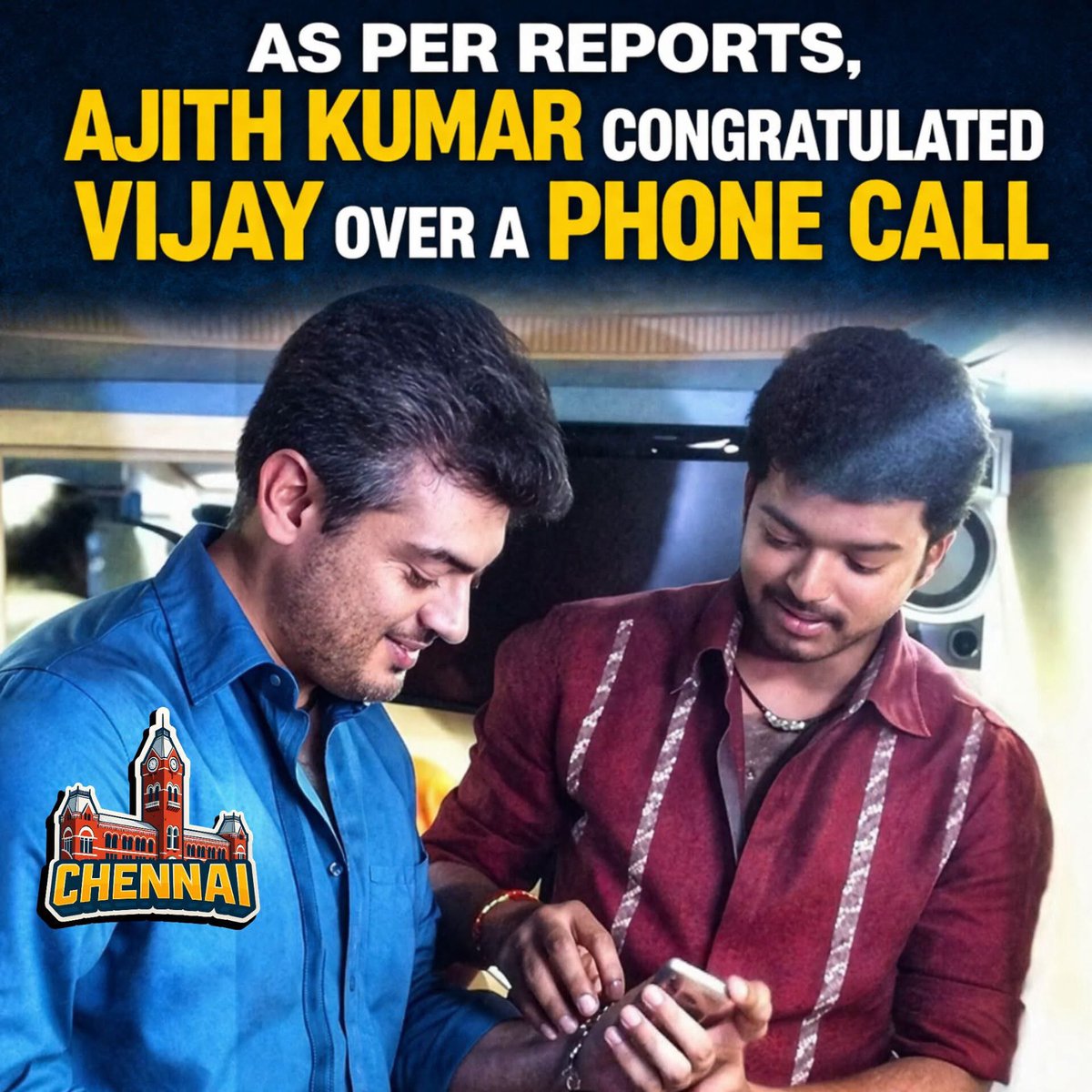 memeschennai's tweet image. Reports suggest that Ajith Kumar personally congratulated Vijay over a phone call on his remarkable victory 📞✨

A classy gesture between two icons 🔥

#AjithKumar #ThalapathyVijay #Kollywood #Respect #Victory #PhoneCall #TamilCinema #MassMoments #BreakingNews #Viral #SouthIndia