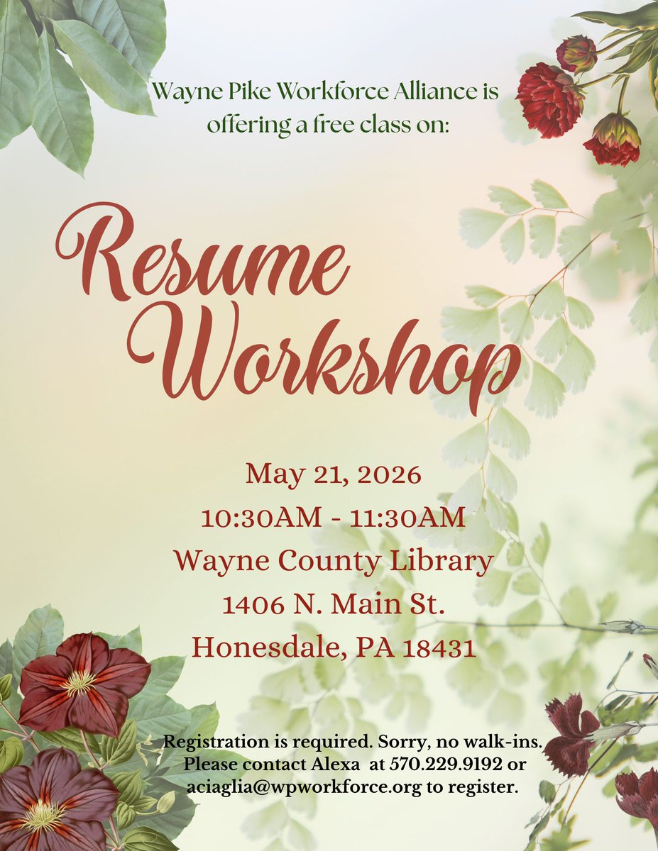 waynecountypa's tweet photo. @WPWorkforce_org is offering a free Resume Workshop!

🗓️ Thursday, May 21st
⏰ 10:30 - 11:30am
📍 Wayne County Library
1406 N. Main St. Honesdale PA
Registration Required!
📩 aciaglia@wpworkforce.org
📞 (570) 299-9192

#waynecountypa #wpwa #DigitalLiteracy #supportyourlibrary https://t.co/ZiEtoWtt0M
