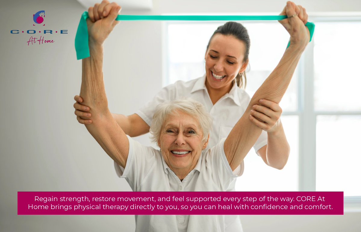 COREatHome's tweet image. Regain strength, restore movement, and feel supported every step of the way. CORE At Home brings physical therapy directly to you, so you can heal with confidence and comfort. coreathome.net #InHomeRehabilitation #PersonalizedCare #PhysicalTherapy