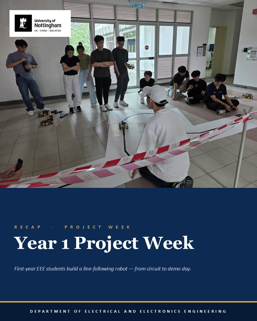 UNM_EE_Eng's tweet photo. A throwback to Year 1 Project Week — five months on, still one of our favourite recaps.

Our first-year EEE students designed and built black-line-following robots from the ground up: IR sensors, motor drivers, an embedded controller, and plenty of late-night debugging. https://t.co/6PMwzzImdQ