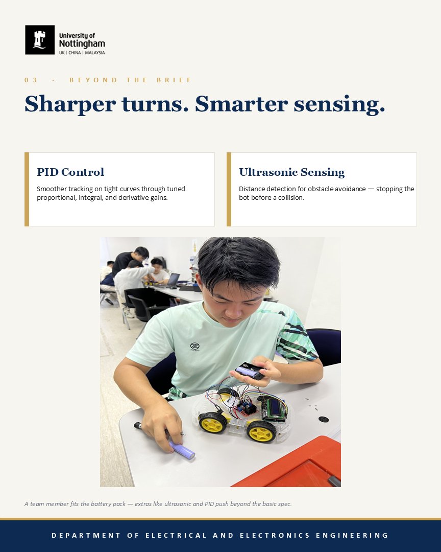 UNM_EE_Eng's tweet photo. A throwback to Year 1 Project Week — five months on, still one of our favourite recaps.

Our first-year EEE students designed and built black-line-following robots from the ground up: IR sensors, motor drivers, an embedded controller, and plenty of late-night debugging. https://t.co/6PMwzzImdQ