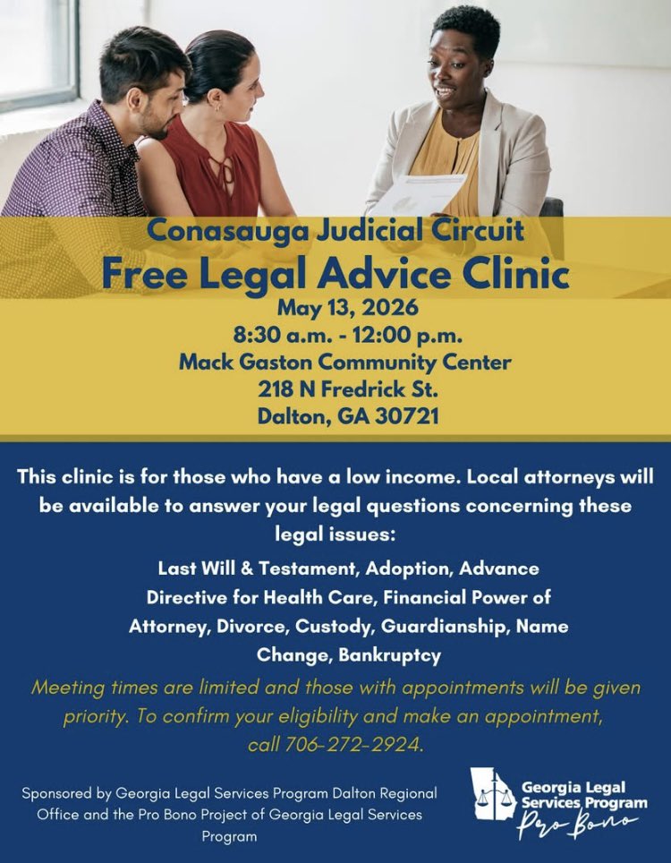 GACAP2's tweet photo. Are you in the Dalton area &amp; need legal help? The Georgia Legal Services Program is offering a free legal advice clinic on May 13th for individuals with low income. 📞 Call today to schedule an appointment: 706-272-2924. https://t.co/bBlLJj4cSn