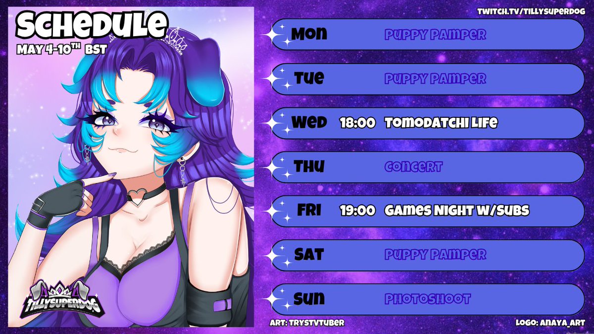 _TillySuperDog_'s tweet image. 💜Weekly Schedule💜May 4-10th
Gonna be taking it easy after such an eventful last week, thank you to everyone who got involved with collab week! Can't wait to organise more collabs :3
#Vtuber #TwitchStreamer #TomodatchiLife