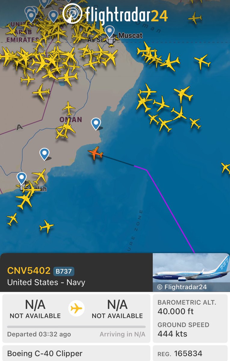 US-Navy C-40 Clipper transport aircraft along with an unidentified aircraft are flying from the Arabian Sea towards unknown destination.