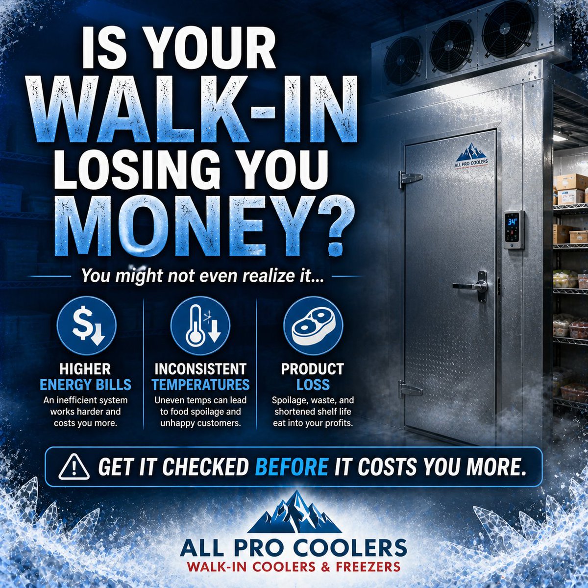 AllCoolers's tweet image. Is your walk-in costing you money? Higher energy bills and inconsistent temperatures can lead to product loss. A quick check now can save you thousands later. 📞 Corporate: (864) 540-8373 📞  🌐 allprocoolersllc.com#Refrigeration #HVAC #PreventativeMaintenance