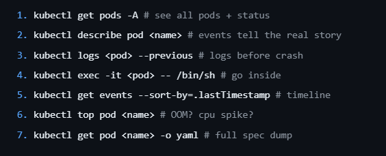 fromcodetocloud's tweet photo. Pod stuck in CrashLoopBackOff / Pending? Run these.

Dont forget to bookmark guys! https://t.co/16W3nnWVoh