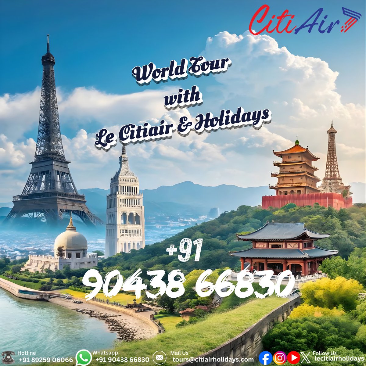 lecitiair's tweet image. Dreaming of a global adventure? From iconic cities to hidden gems, let Le Citiair &amp;amp; Holidays take you on a journey across continents! 🌎💫☎ Hotline: +91 8925906066   📲Whatsapp:   +91 9043866830       #LecitiairAndHolidays #TravelWithLecitiair #HolidayDeals #FlightOffers #Tour