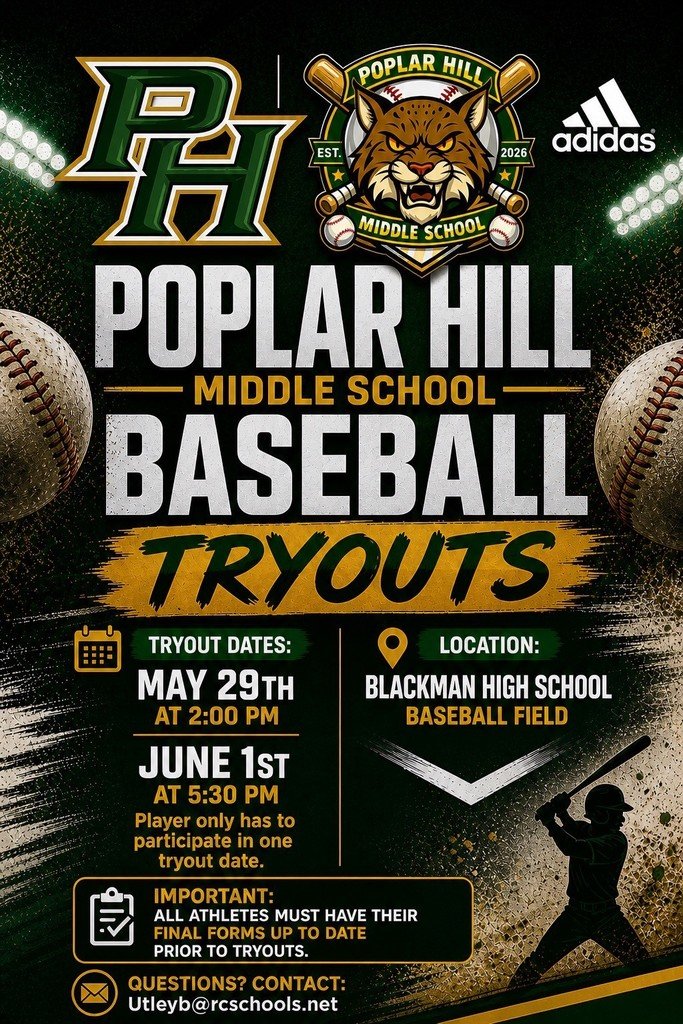 PHMS_Bobcats's tweet photo. ⚾Poplar Hill Middle School is forming its first‑ever Bobcats baseball team, and we invite interested student‑athletes to come showcase their skills at tryouts. ⚾ Show up. Try out. Work Hard. Be a Bobcat. https://t.co/0fQKvXCWdU