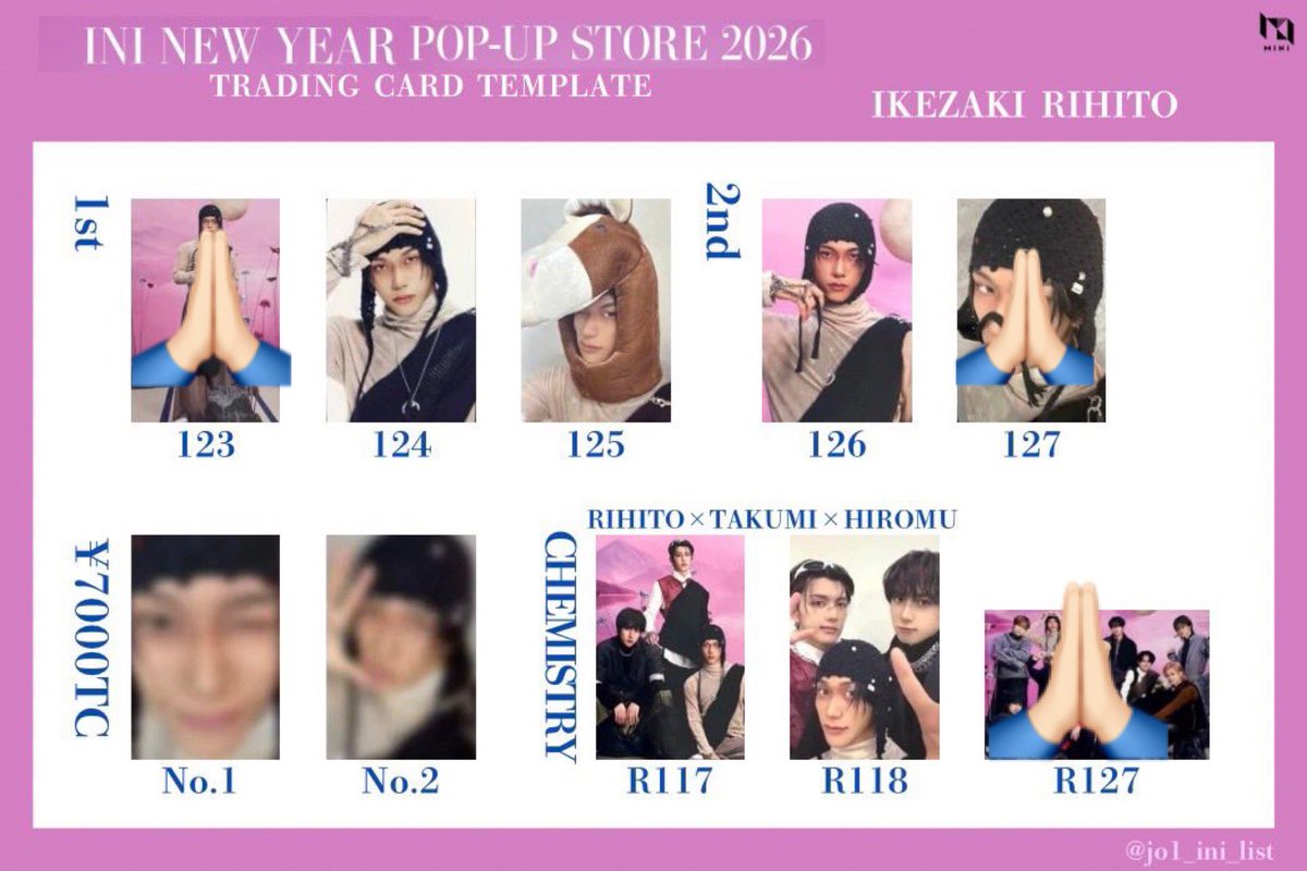 ___muu810's tweet photo. NEW YEAR POPUP STORE 2026 
ポップアップ 109 交換 トレカ
POP-UP STORE 

【譲】写真1枚目 (❌以外)

【求】 写真2、3枚目 藤牧、池﨑
(🙏🏻が付いていないトレカ探してます。)

郵送希望です📮
お気軽にお声掛けください。#INI交換 https://t.co/zZspgXRnhl