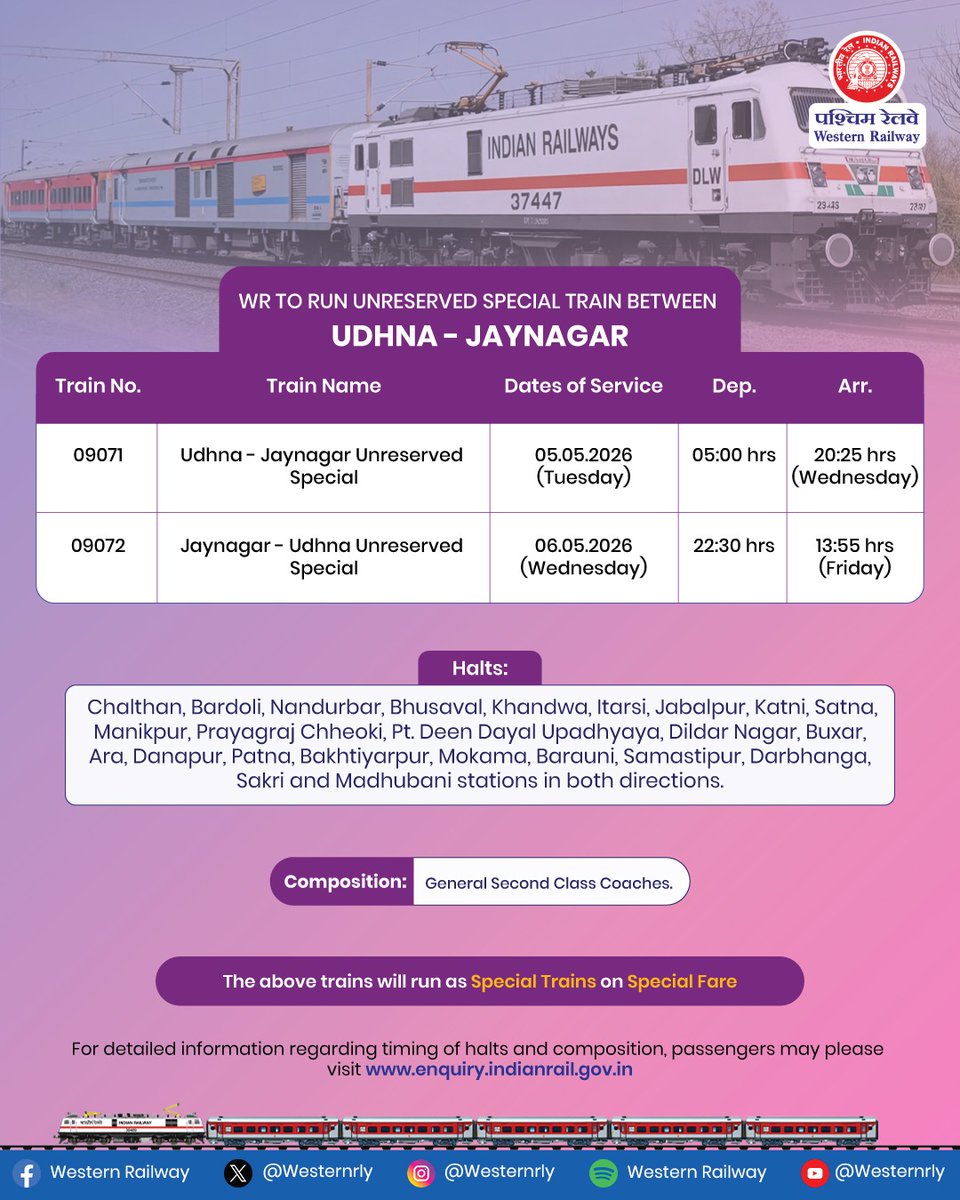 WesternRly's tweet photo. For the convenience of passengers and to meet the travel demand, Western Railway to run Unreserved Special Trains between Udhna and Jaynagar. 

For detailed information regarding timing of halts and composition, passengers may please visit https://t.co/on6Qz5RGn5

#WRUpdates https://t.co/XtpbudXePJ