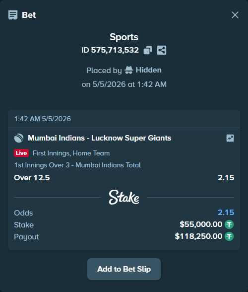 stakehighroller's tweet image. Mumbai Indians - Lucknow Super Giants attracts a $55,000 ticket. Big confidence.

Same bet: stake.com/sports/home?ii…

#OneFamily #IPL #SportsBetting
