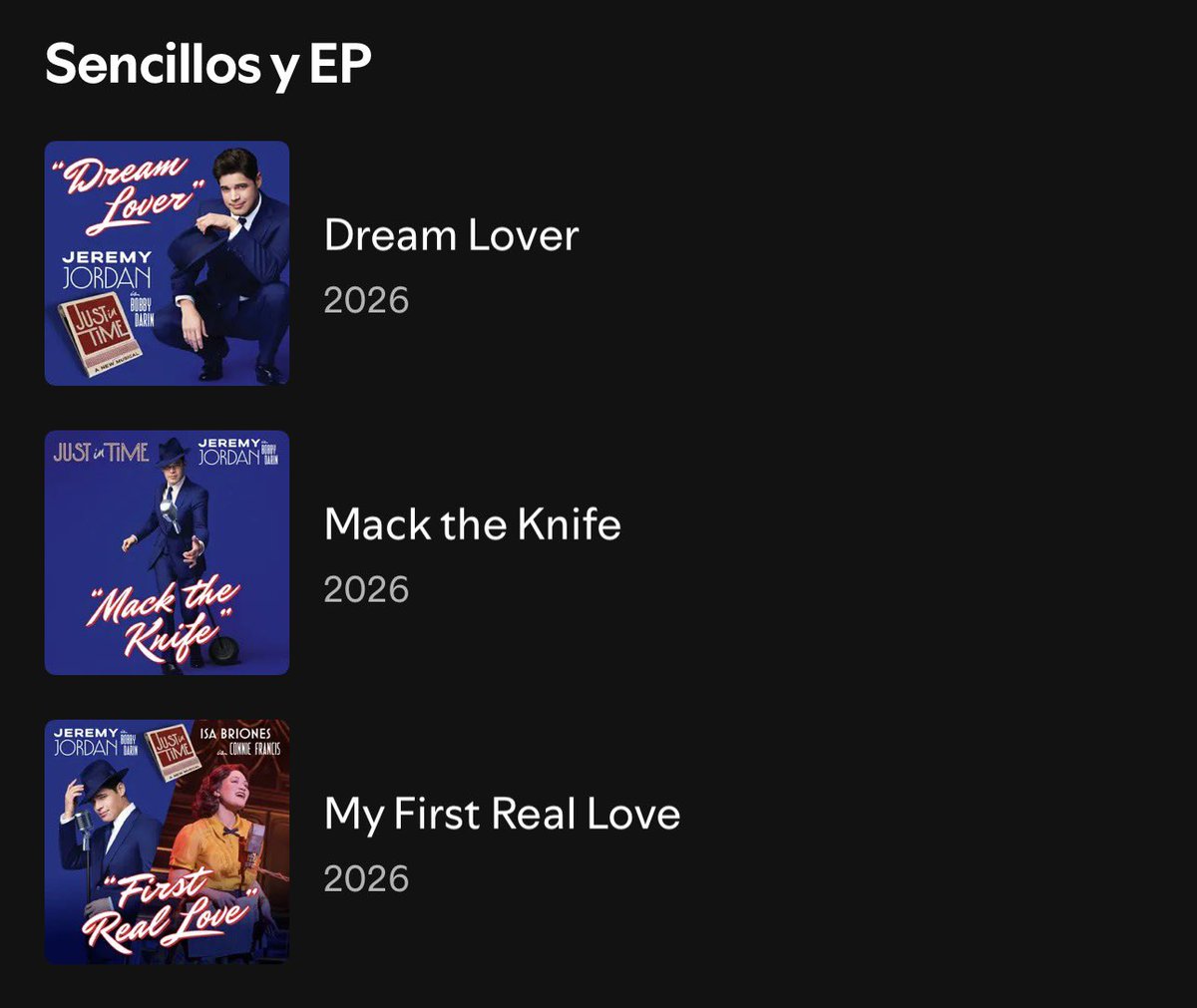 ElAquelarre_'s tweet image. Just In Time #Broadway lanzó 4 sencillos con Jeremy Jordan e Isa Briones: Dream Lover, Mack the Knife, My First Real Love y Who’s Sorry Now